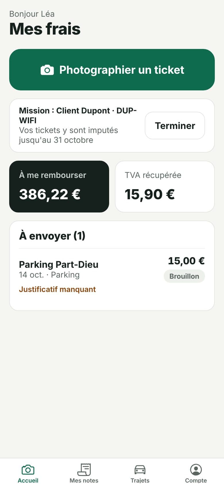 Accueil de l'appli Fraikit avec le bouton Photographier un ticket